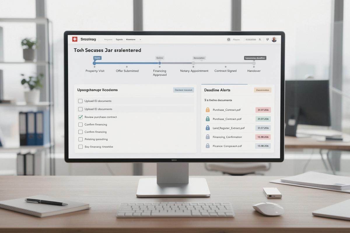 Dashboard showing transaction timeline, pending tasks, and approved documents